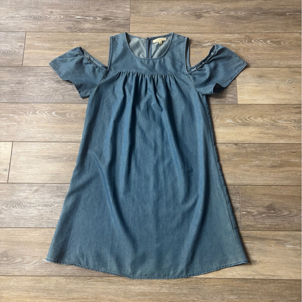 Polagram Chambray Dress Sz L Blue Cold Shoulder Prairie Farm Boho Peasant Flirt